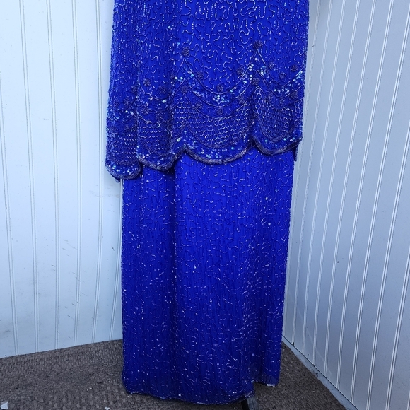 VTG BRILLIANTE BY JA Blue 100% Silk Chiffon AB Beaded Tiered Cocktail Dress 3X - Picture 4 of 16